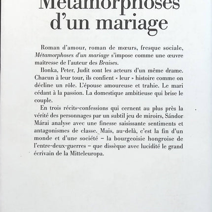 Métamorphoses d'un mariage - Sándor Márai - Livre