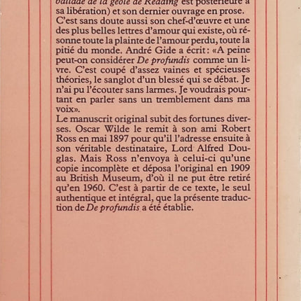 De Profundis Oscar Wilde – Texte intégral d’une œuvre bouleversante sur l’amour, la souffrance, la prison et la rédemption - Livre