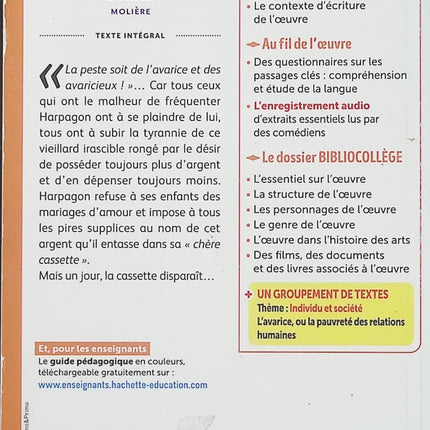 Bibliocollège – L’Avare – Molière – Comédie classique au programme scolaire, étude du théâtre, de l’avarice et des relations familiales - Livre