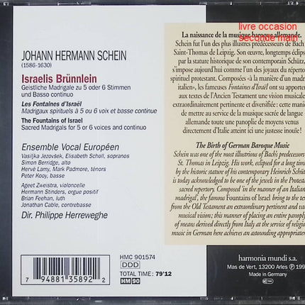 Schein Israëlien Brünnlein CD musique baroque chant choral Ensemble Vocal Européen Philippe Herreweghe - Compact Discs - CD