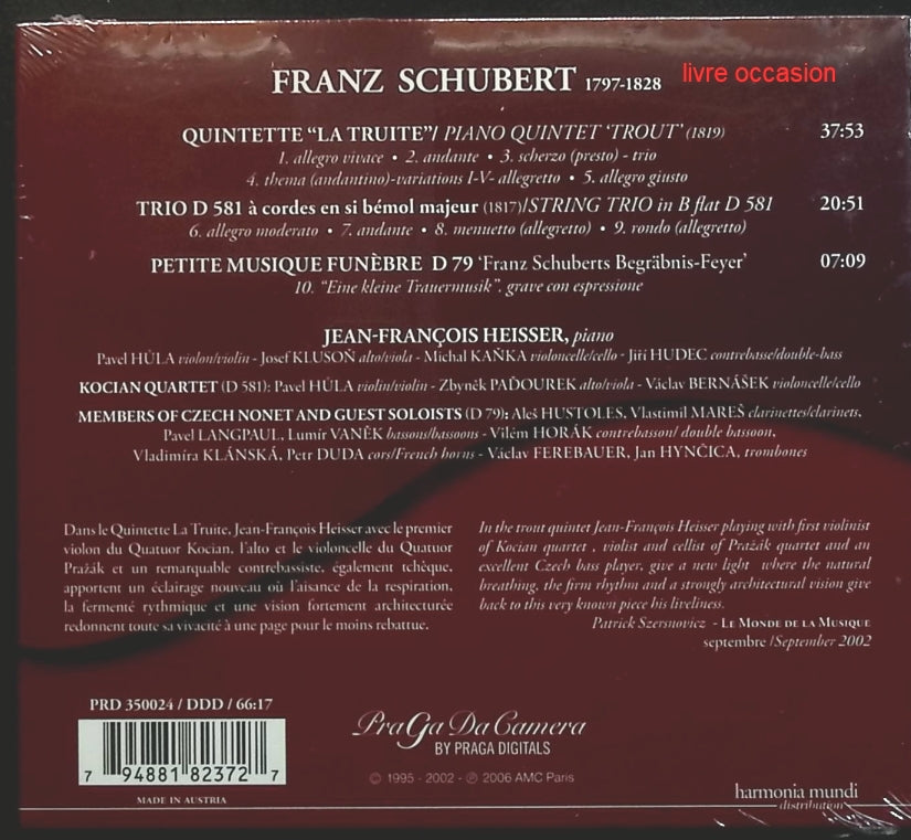 Quintette D 661 "La Truite" - Trio D 581 - "Eine Kleine Trauermusik" D 79 - Franz Schubert - CD