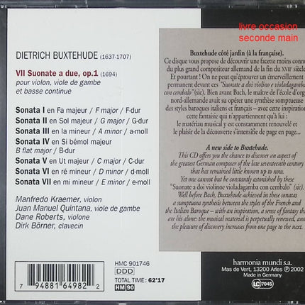CD musique baroque – Dieterich Buxtehude – Sonate a Due Op.1 – Manfredo Kraemer, Juan Manuel Quintana, Dane Roberts, Dirk Börner - Compact Discs - CD