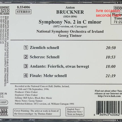 CD symphonie romantique – Bruckner – Symphony Nº2 (1872 Version) – National Symphony Orchestra of Ireland, Georg Tintner - CD