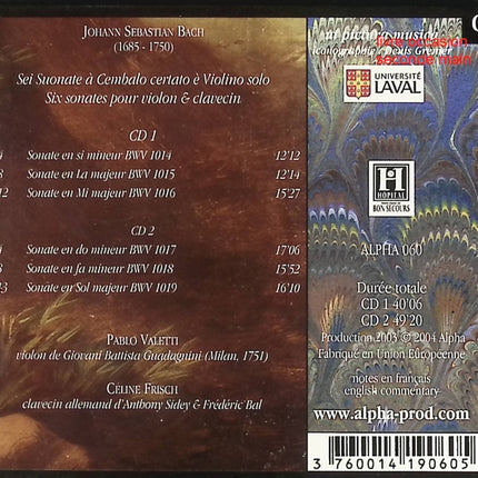 CD musique baroque – Johann Sebastian Bach – Sei Suonate à Cembalo Certato e Violino Solo – Pablo Valetti, Céline Frisch - Compact Discs - CD