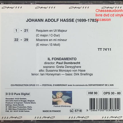 CD musique baroque Hasse Il Fondamento Paul Dombrecht Requiem in C Major Miserere in E Minor musique sacrée occasion - CD