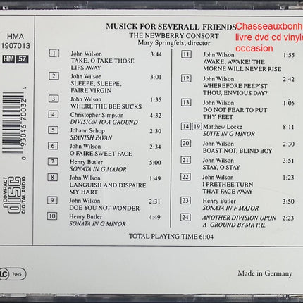 CD musique ancienne The Newberry Consort Mary Springfels Musick For Severall Friends musique anglaise XVIIe siècle occasion - CD