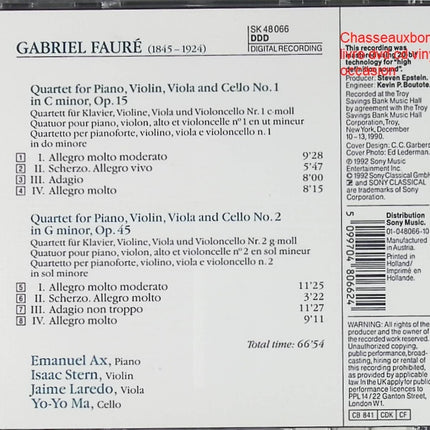 CD musique classique Fauré Emanuel Ax Isaac Stern Jaime Laredo Yo-Yo Ma Piano Quartets No. 1 & 2 compositions instrumentales occasion - CD