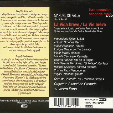 CD musique classique espagnole – Manuel de Falla – La Vida Breve – Orquesta Ciudad de Granada, Josep Pons - Compact Discs - CD