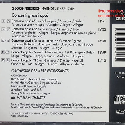CD musique baroque Georg Friedrich Haendel – Concerti Grossi Op. 6 avec Les Arts Florissants dirigé par William Christie – album orchestral baroque occasion - CD