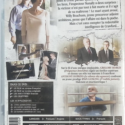 La Faille – Anthony Hopkins, Ryan Gosling – DVD thriller psychologique et policier, duel entre un manipulateur machiavélique et un jeune procureur – DVD