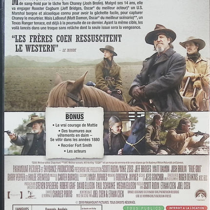 True Grit – Jeff Bridges, Matt Damon – DVD western américain, film d'aventure et de vengeance dans le Far West réalisé par les frères Coen – DVD
