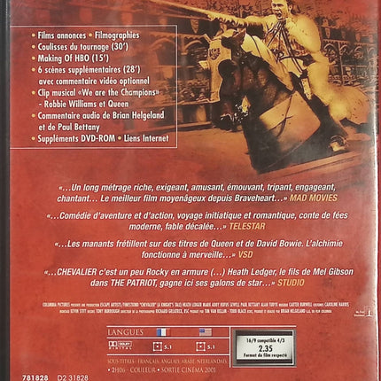 Chevalier – Heath Ledger, Mark Addy, film d’aventure médiéval, tournois de joutes, chevalerie et quête de gloire – DVD