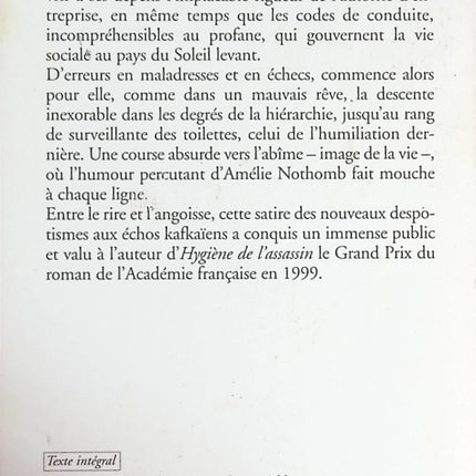 Stupeur et Tremblements - Amélie Nothomb - livre