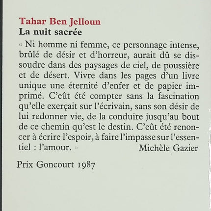 Roman contemporain drame et quête identitaire – La Nuit sacrée Tahar Ben Jelloun - Livre