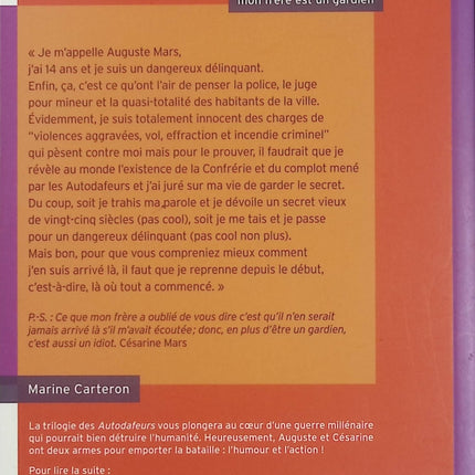 Les Autodafeurs Tome 1 – Mon frère est un gardien – Marine Carteron – Roman jeunesse d’aventure et société secrète - Livre