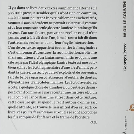 W ou le souvenir d’enfance – Georges Perec | autobiographie, mémoire, littérature française contemporaine et récit introspectif - Livre