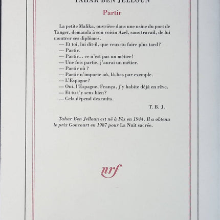 Partir – Tahar Ben Jelloun – roman immigration Maroc exil espoir société contemporaine d'occasion - Livre
