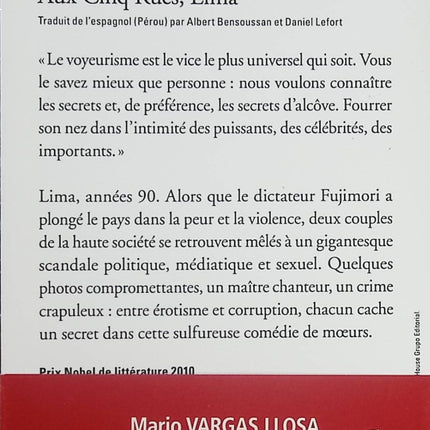 Aux Cinq Rues, Lima – Mario Vargas Llosa – Roman contemporain politique et scandale médiatique au Pérou - Livre