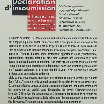 Essai Déclaration d’insoumission Fethi Benslama islam société religion réflexion critique livre occasion - Livre