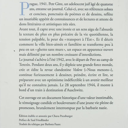 Livre témoignage Journal (1941-1942) suivi des Écrits de Terezín – Petr Ginz récit poignant Shoah adolescent courageux histoire vraie occasion - Livre