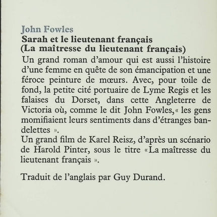 Roman historique Sarah et le lieutenant français John Fowles amour interdit époque victorienne mystère passion livre occasion - Livre