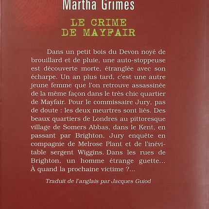 Le Crime de Mayfair – Martha Grimes roman policier enquête mystère Londres crime aristocratie - Livre