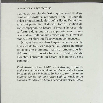 Roman contemporain suspense philosophie hasard – La Musique du hasard Paul Auster - Livre