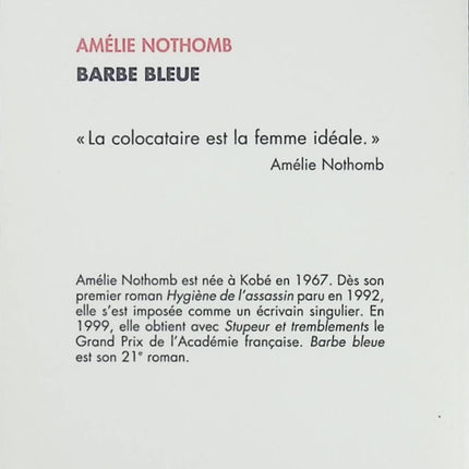 Roman contemporain psychologie thriller familial – Barbe bleue Amélie Nothomb - Livre