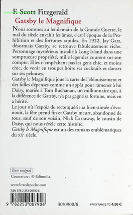 Gatsby le Magnifique Francis Scott Fitzgerald roman américain classique amour et drame social Années folles - Livre