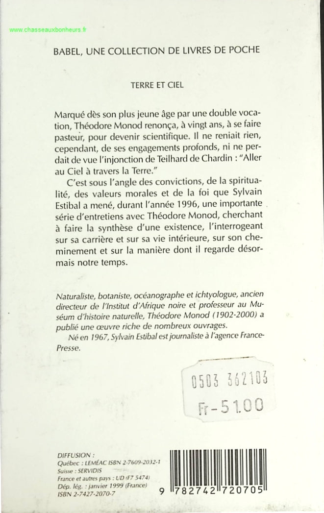 Terre et ciel - Entretiens avec sylvain estibal - Monod Theodore - livre