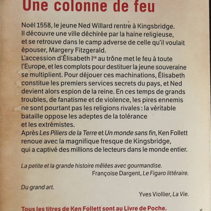 Roman historique aventure suspense Une Colonne de feu Ken Follett - livre