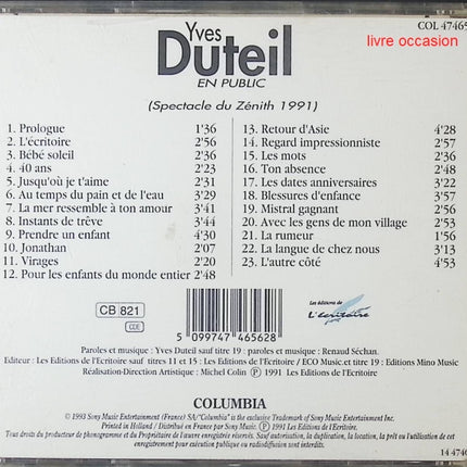 En Public – Spectacle du Zénith 1991 – Yves Duteil - Compact Discs - CD