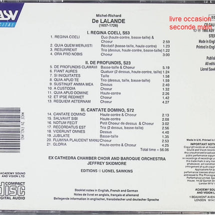 CD musique baroque sacrée – Michel-Richard de Lalande – Regina Coeli, De Profundis, Cantate Domino – Ex Cathedra & Jeffrey Skidmore - Compact Discs - CD