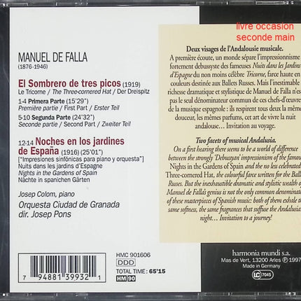 CD musique classique espagnole – Manuel de Falla – El Sombrero de Tres Picos & Noches en los Jardines de España – Josep Colom, Orquesta Ciudad de Granada - Compact Discs - CD