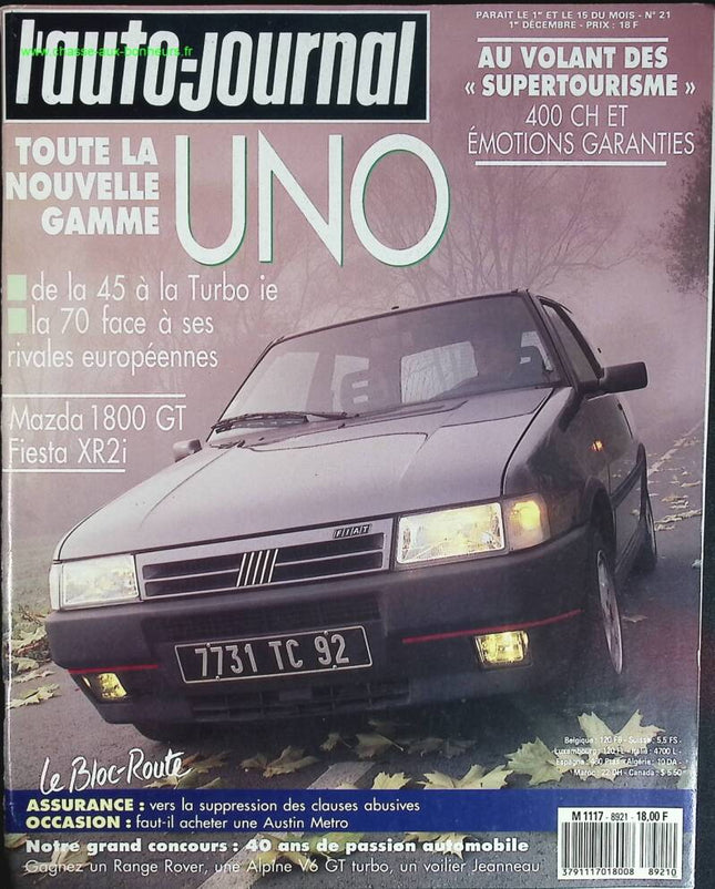 Toute la gamme Fiat UNO - L'auto journal - n° 21 - 1989 - revue magazine - voiture