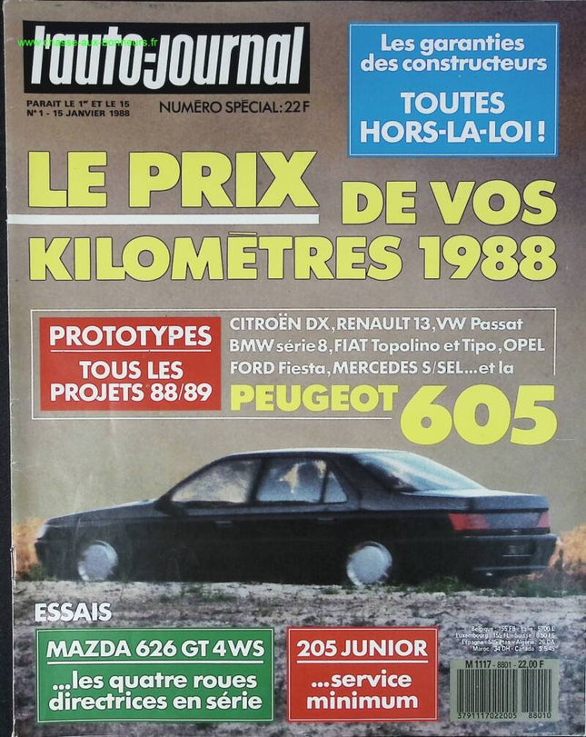 Peugeot 605 - L'auto journal - n° 1 - 1988 - revue magazine - voiture