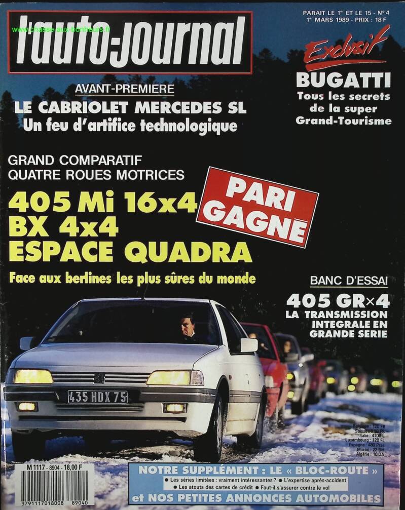 405 MI 16 BX 4*4 Espace quadra - L'auto Journal - Nr. 4 - 1989 - Zeitschriftenrezension - Auto