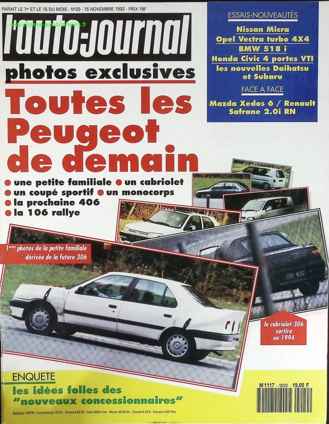 Toutes les Peugeot de demain - L'auto journal - n° 20 - 1992 - revue magazine - voiture