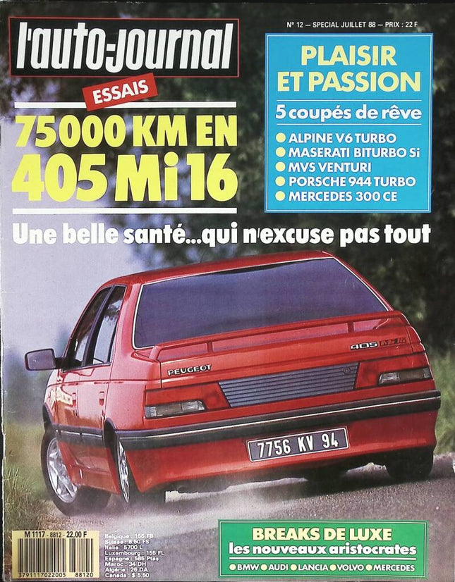 75000 KM en 405 MI16 - L'auto journal - n° 12 - 1988 - revue magazine - voiture