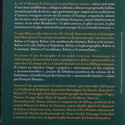 Balzac – Une vie de roman – Gonzague Saint Bris – biographie littérature écrivain XIXe siècle occasion - Livre