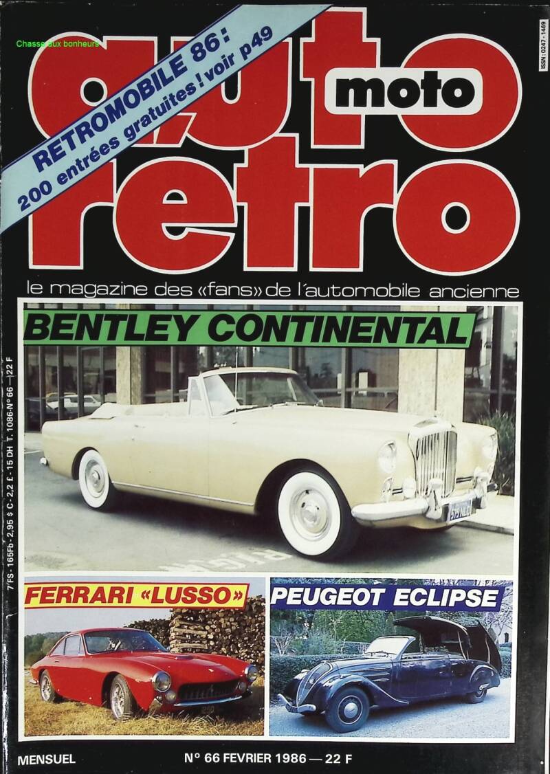 Benntley Continental Ferrari Lusso Peugeot Eclipse - Auto moto rétro - n° 66 - 1986 - revue magazine - voiture