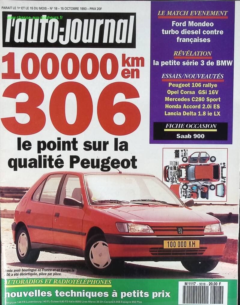 100000 KM en Peugeot 306 - L'auto journal - n° 18 - 1993 - revue magazine - voiture