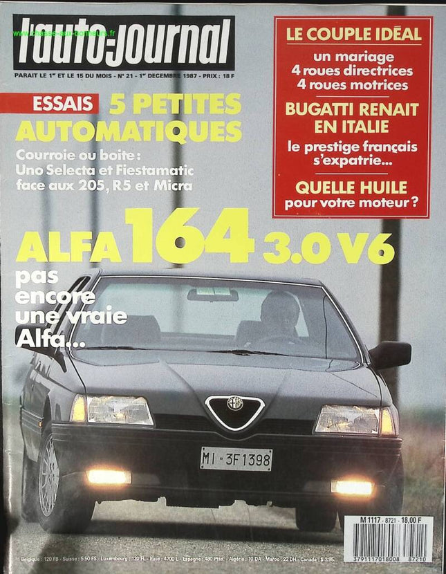 Alfa 164 V6 - L'auto journal - n° 21 - 1987 - revue magazine - voiture