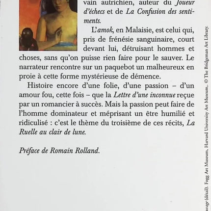 Roman court classique suspense obsession amour – Amok Stefan Zweig - Livre