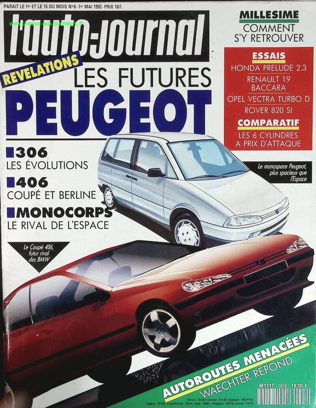 Les futures Peugeot - L'auto journal - n° 8 - 1992 - revue magazine - voiture