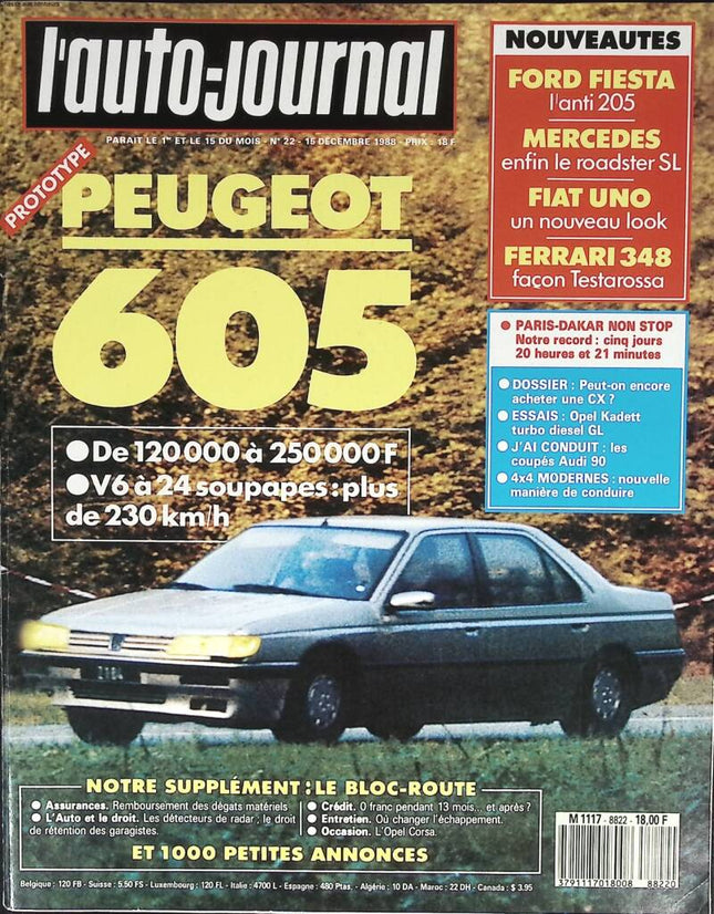 Peugeot 605 - L'auto journal - n° 22 - 1988 - revue magazine - voiture
