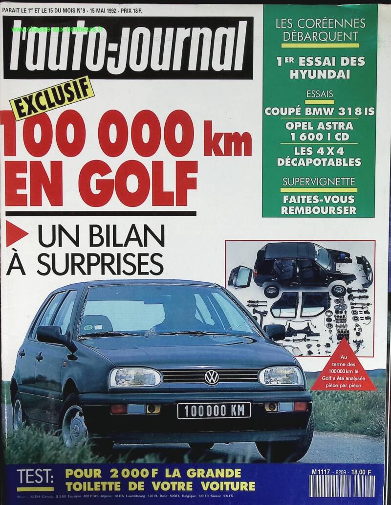 100000 Km en Volkswagen Golf - L'auto journal - n° 9 - 1992 - revue magazine - voiture