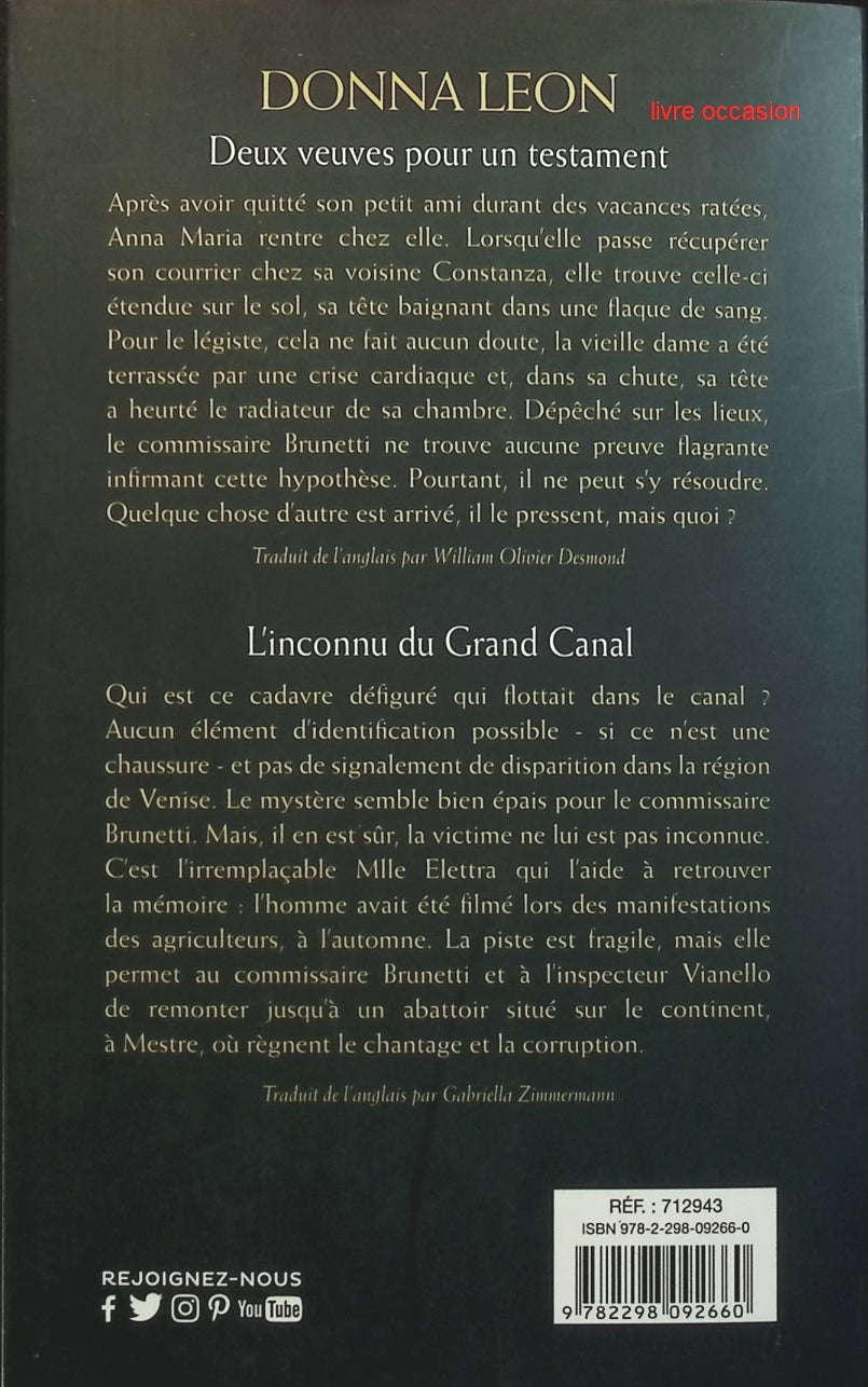 Deux veuves pour un testament - L'inconnu du Grand Canal - Donna Leon - livre