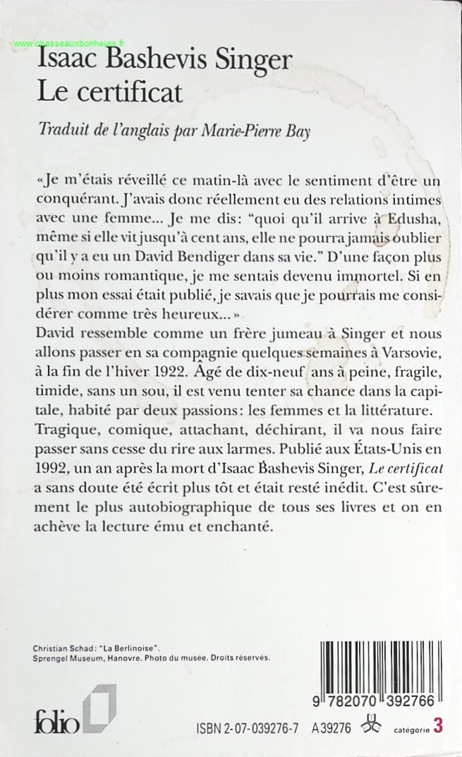 Le Certificat - Isaac Bashevis Singer - livre