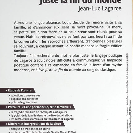 Juste la fin du monde Jean-Luc Lagarce livre occasion – pièce théâtre française drame familial conflit intime classique moderne - livre